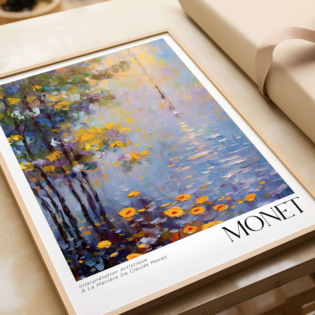 Framed Claude Monet art print featuring impressionist style with vibrant colors and nature elements.