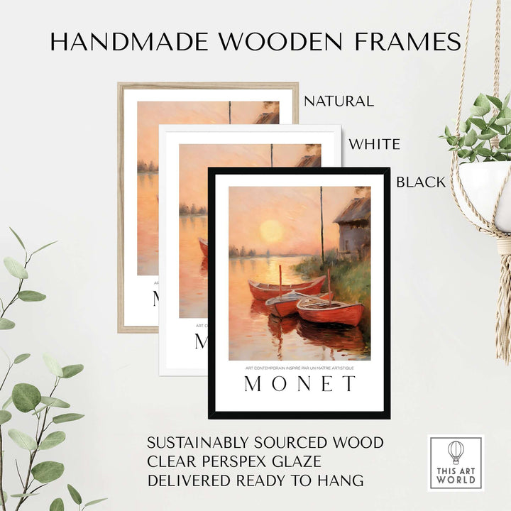 Handmade wooden frames in natural, white, and black for Claude Monet's Red Boats at Sunset wall art.
