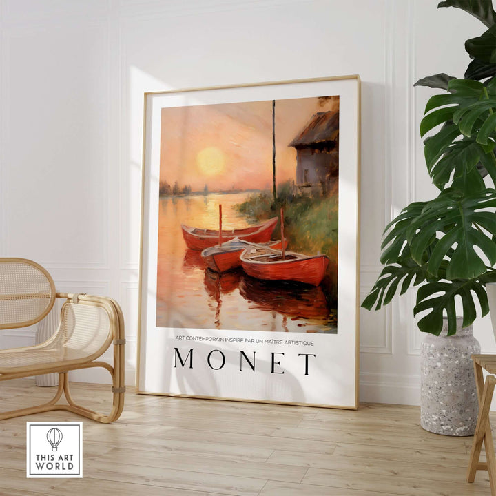 Claude Monet art print featuring red boats at sunset by the riverbank, perfect for serene wall décor.