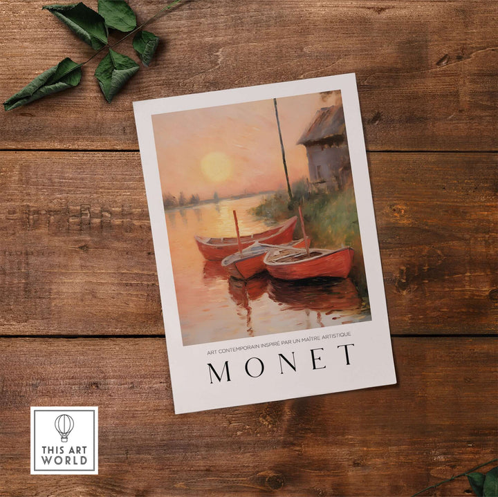 Claude Monet art print featuring red boats on calm water at sunset, capturing serene riverbank ambiance.