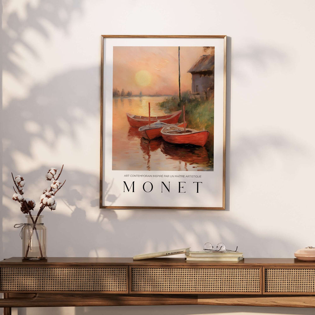 Claude Monet art print featuring red boats at sunset over a calm river, perfect for serene wall decor.