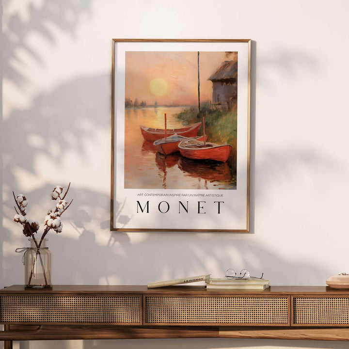 Claude Monet art print featuring red boats at sunset over a calm river, perfect for serene wall decor.