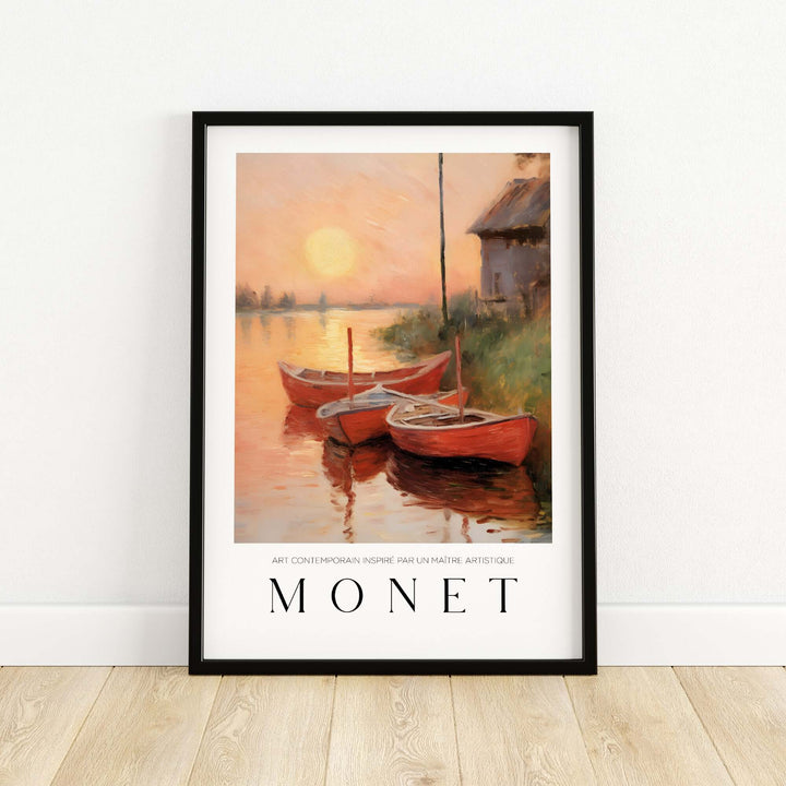 Claude Monet art print featuring red boats at sunset by a riverbank, serene wall art for home decor.