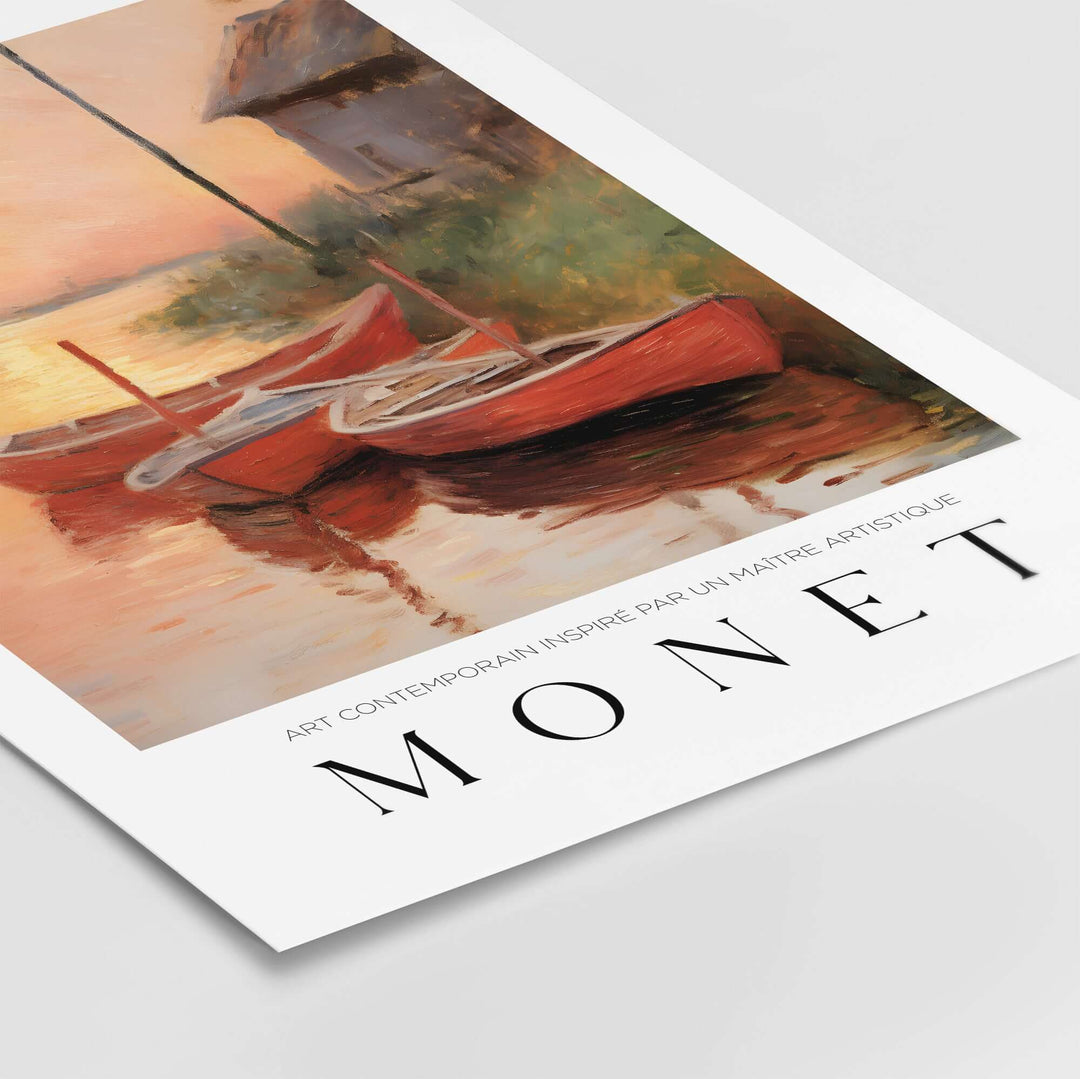 Claude Monet art print of red boats at sunset, serene riverbank scenery, warm colors and tranquil ambiance.