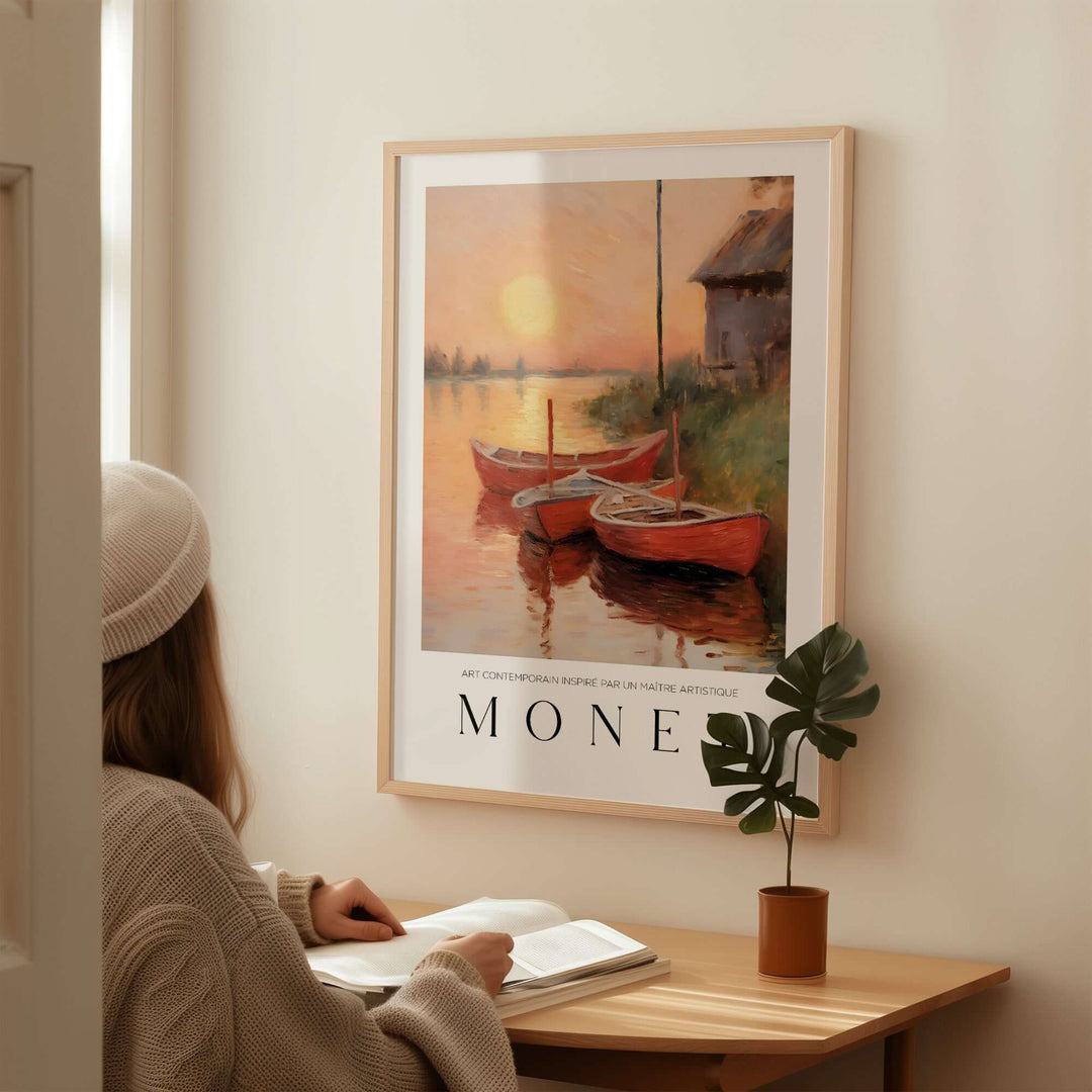 Claude Monet art print featuring red boats at sunset by a riverbank, adding serene ambiance to home decor.