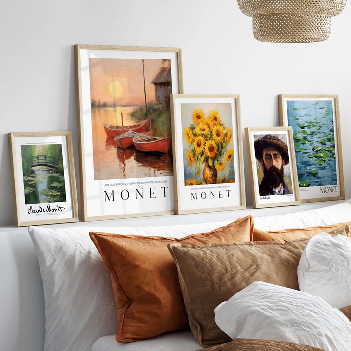 Collection of Claude Monet art prints featuring red boats, sunflowers, and water lilies on a stylish wall arrangement.