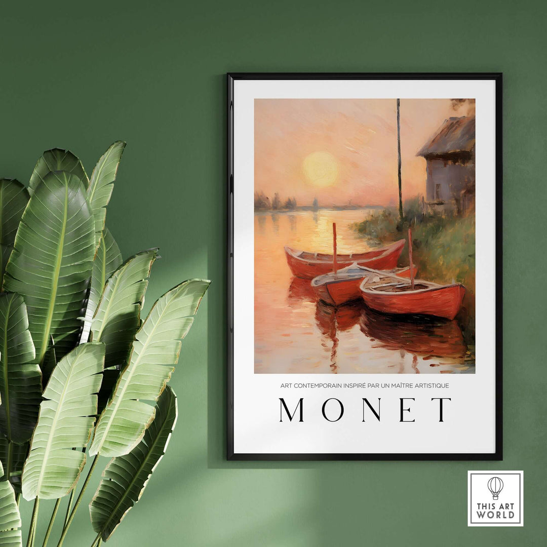 Claude Monet art print featuring red boats at sunset by a riverbank, serene wall art for peaceful ambiance.