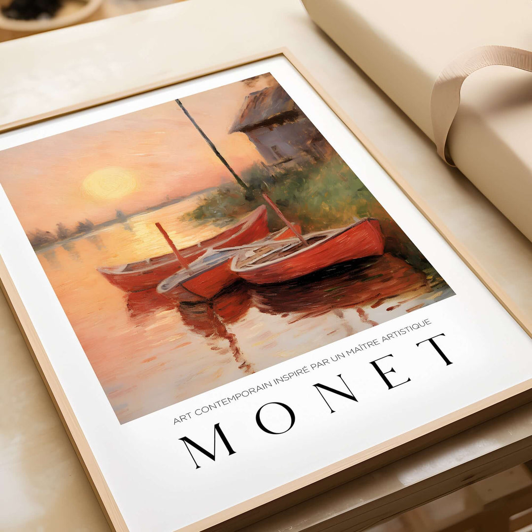 Claude Monet art print featuring three red boats at sunset by a riverbank, capturing serene Impressionist vibes.