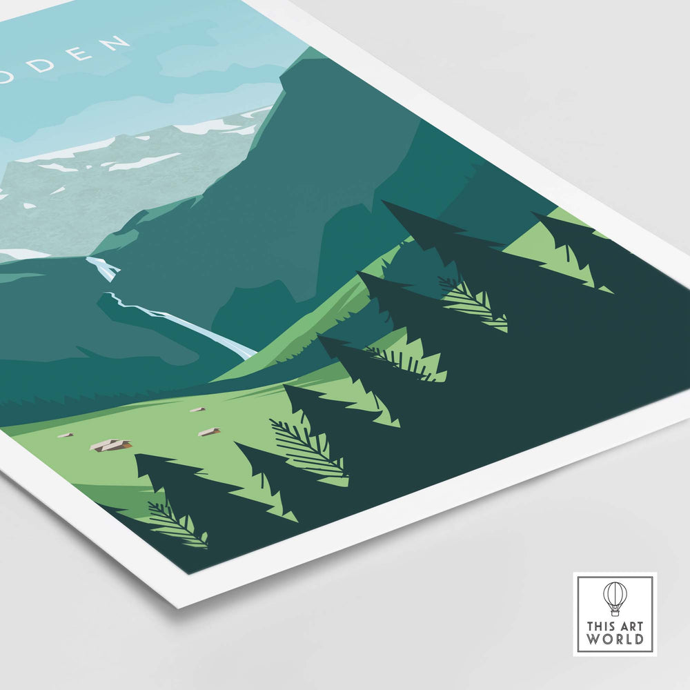 Stylish Adelboden travel poster print showcasing Swiss mountains and lush greenery.
