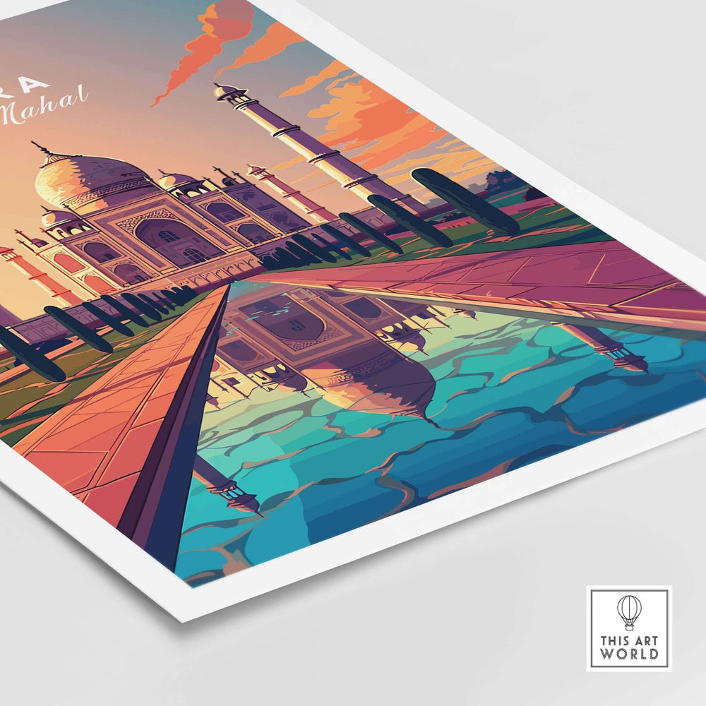 Vibrant Taj Mahal Agra wall art featuring the iconic monument and its reflection in a serene water body.