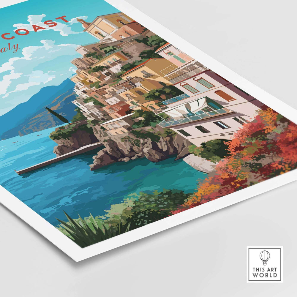Amalfi Coast Travel Poster Print featuring colorful coastal homes and turquoise waters, ideal for home decor.