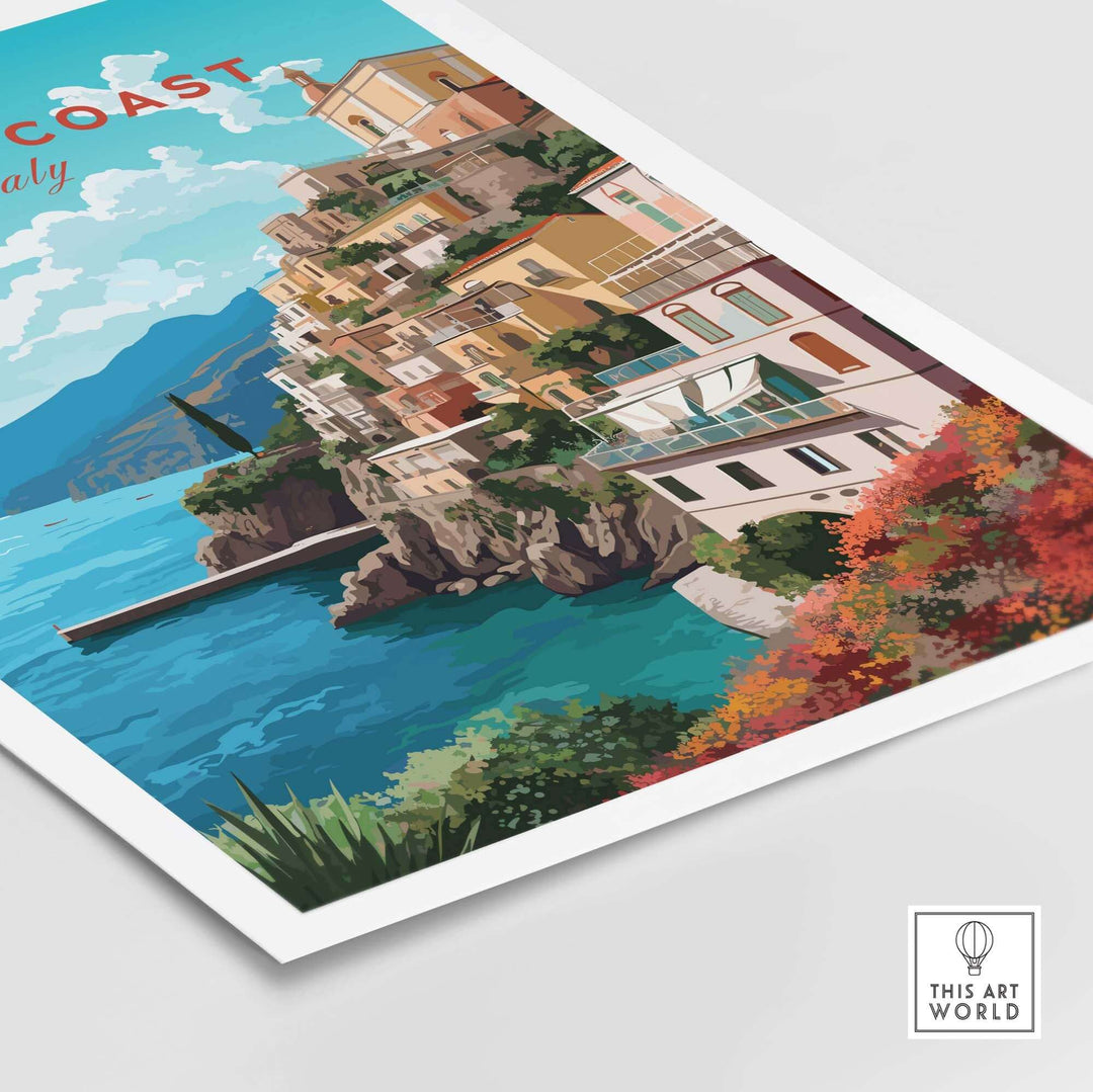 Amalfi Coast Travel Poster Print featuring colorful coastal homes and turquoise waters, ideal for home decor.