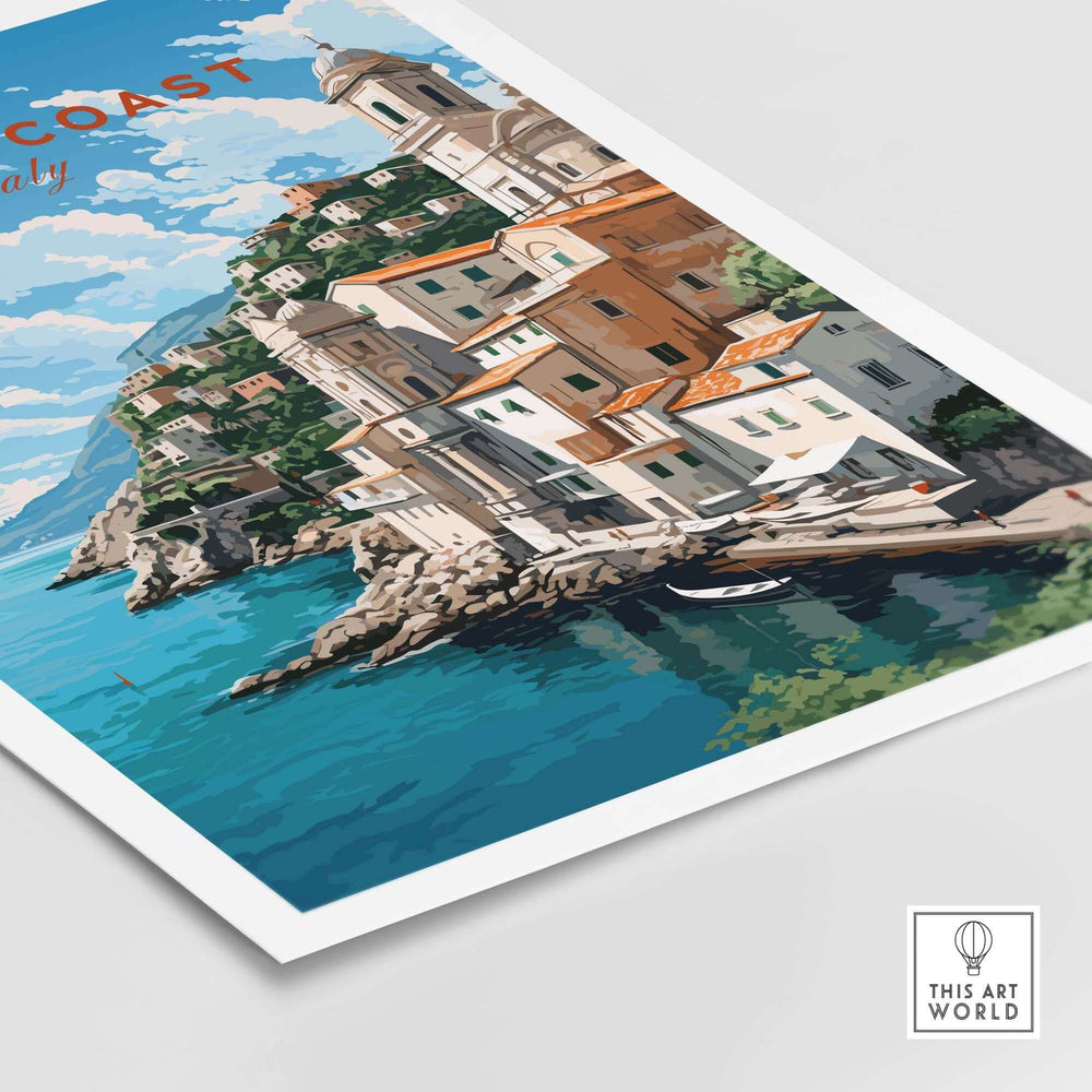 Amalfi Coast Italy travel poster showcasing colorful hillside buildings and serene blue waters in a picturesque landscape.