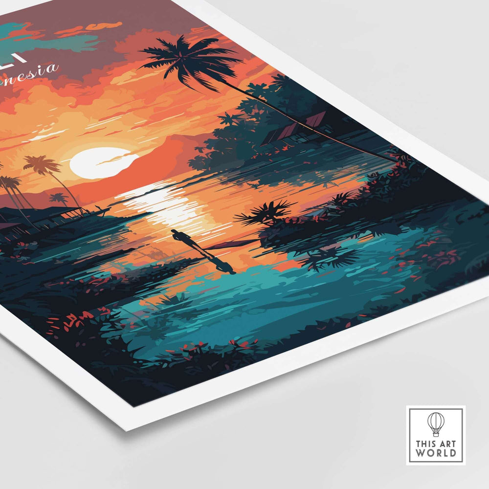 Bali wall art print featuring a sunset scene over a tranquil river with palm trees, evoking memories of Indonesia.