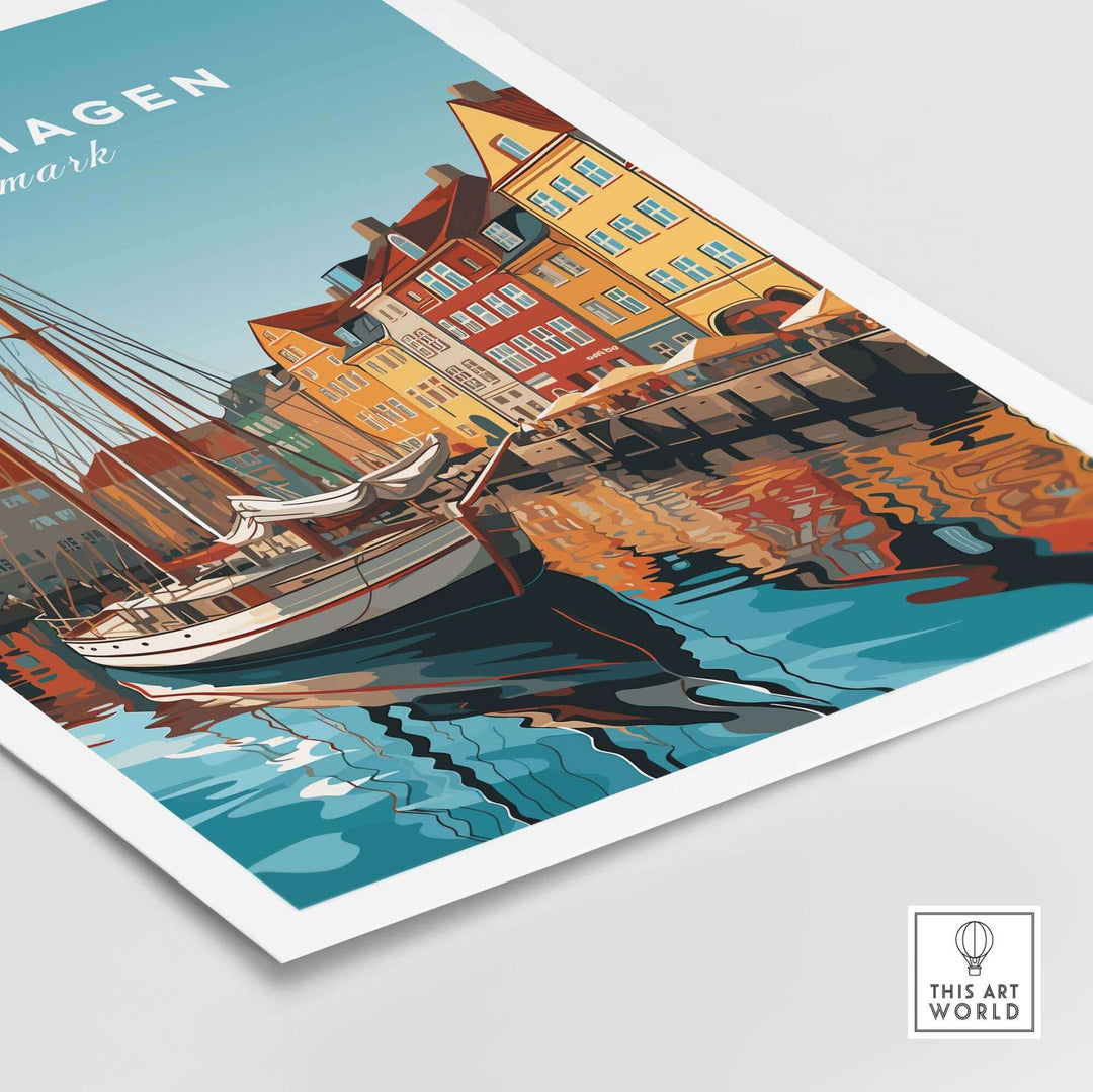Copenhagen travel poster print showcasing colorful buildings and a boat on the water, perfect for home décor.