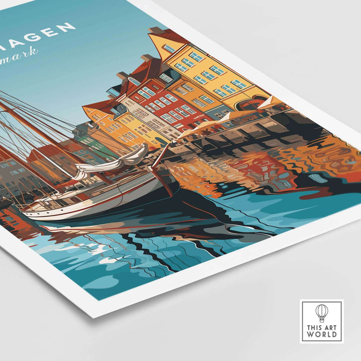 Copenhagen travel poster print showcasing colorful buildings and a boat on the water, perfect for home décor.