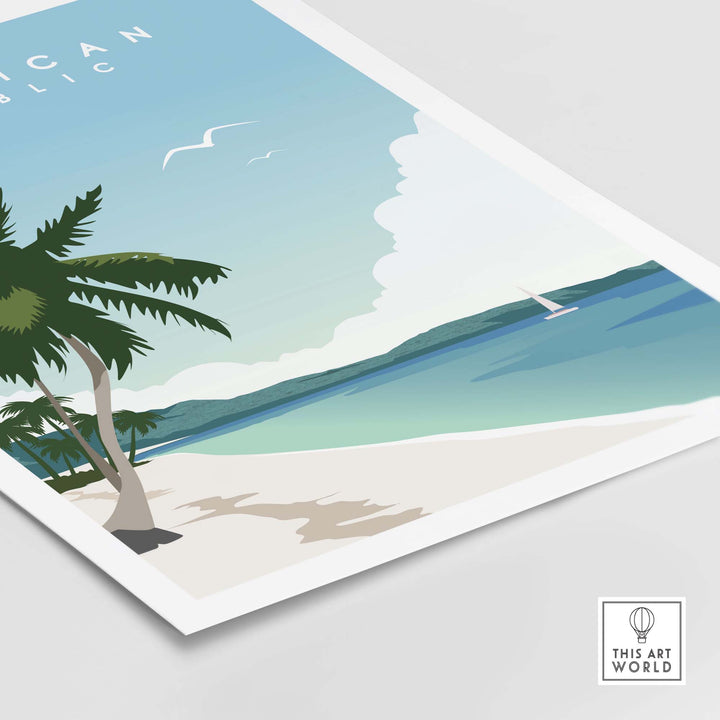 Dominican Republic travel poster print featuring palm trees and serene beach scenery, vibrant Caribbean art.