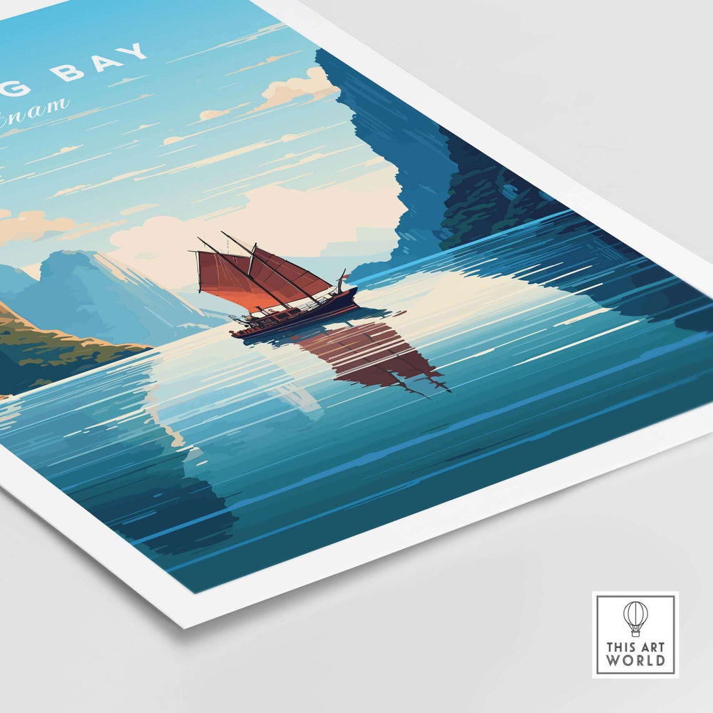 Ha Long Bay poster featuring a traditional Junk Boat sailing on turquoise waters with scenic mountains in the background.