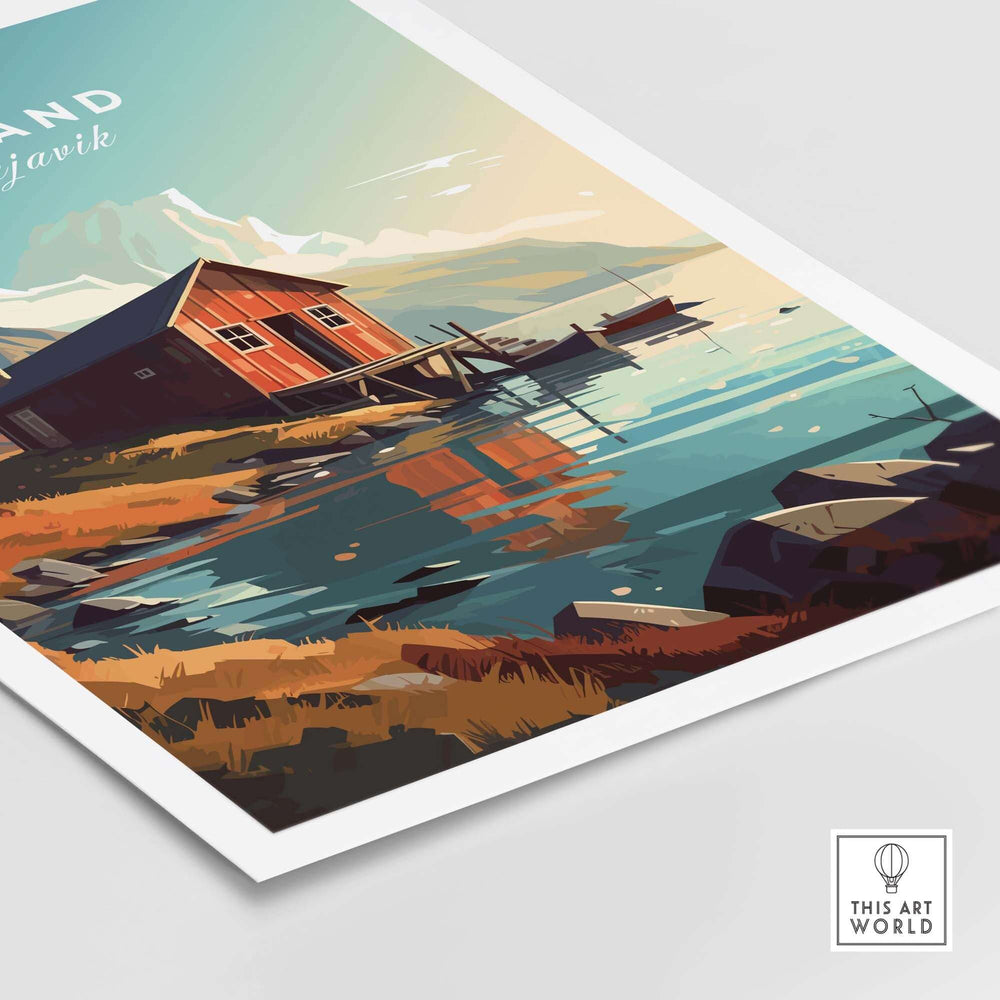Iceland poster featuring Reykjavik's scenic landscape with red cabin and calm waters reflecting the mountains.