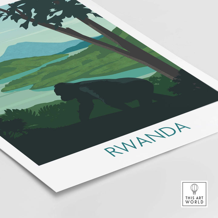 Rwanda Mountain Gorilla wall art print showcasing silhouette against vibrant landscape, perfect for wildlife home decor.
