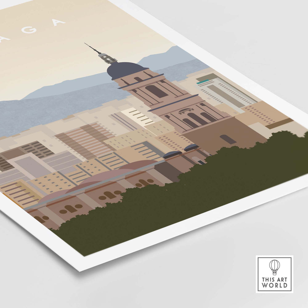Minimalist Malaga Travel Poster Print featuring urban skyline and architectural details, perfect for modern home decor.