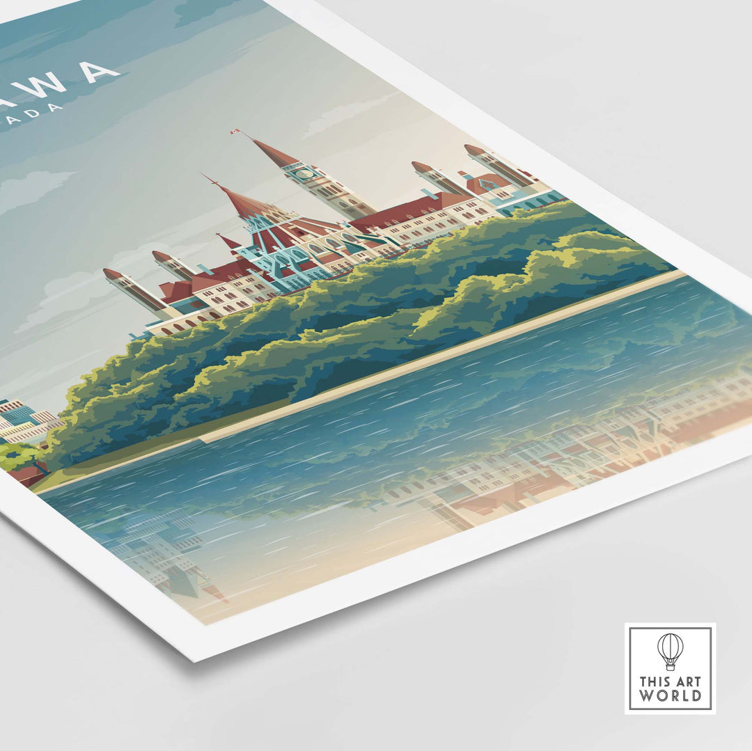 Ottawa Canada travel poster print showcasing the city's skyline in vibrant colors and modern design.