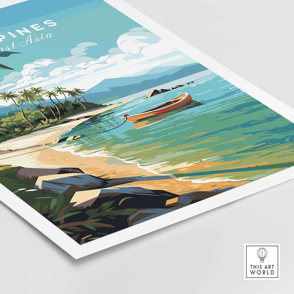 Vibrant Philippines art print featuring a beach scene with palm trees and a boat, perfect for tropical decor.