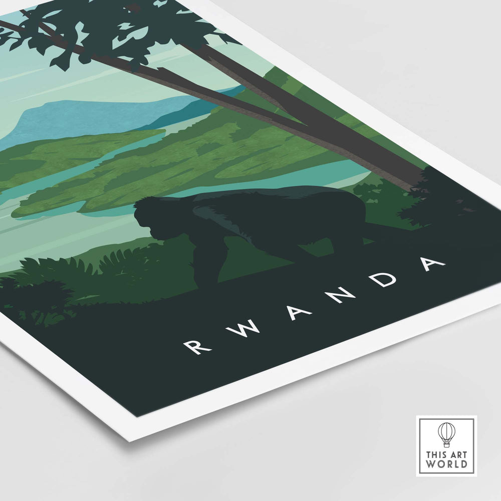 Rwanda travel poster print featuring mountain gorilla and lush landscape, perfect for safari-themed decor.
