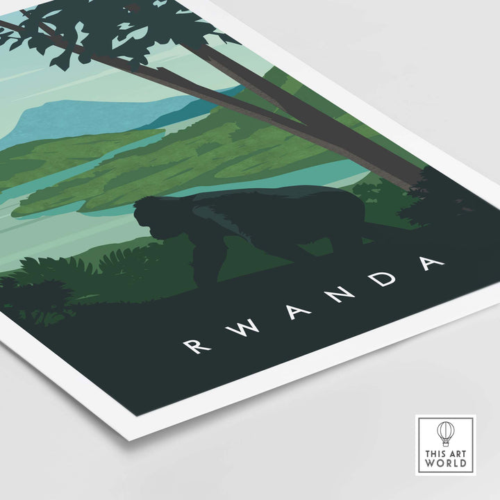 Rwanda travel poster print featuring mountain gorilla and lush landscape, perfect for safari-themed decor.