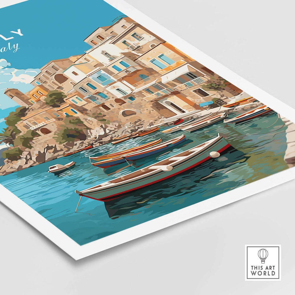 Sicily Wall Art Print featuring boats in a serene harbor with coastal buildings, perfect for adding Italian charm to walls.