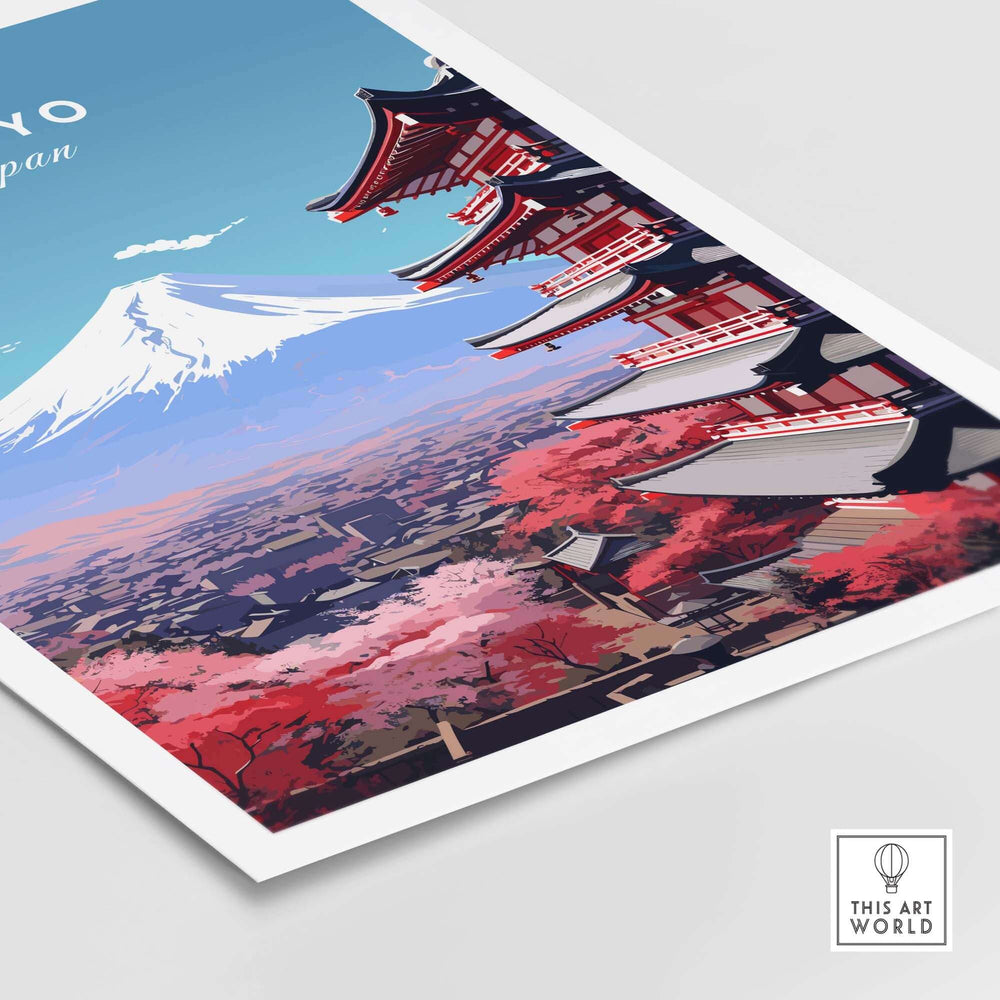 Tokyo travel poster featuring Mount Fuji, vibrant cherry blossoms, and traditional architecture of Japan.