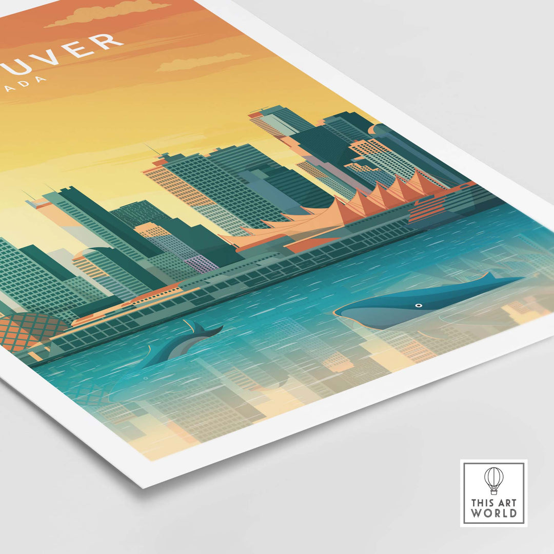 Vibrant Vancouver Canada travel poster print featuring whales in bay and skyline against a sunset backdrop.