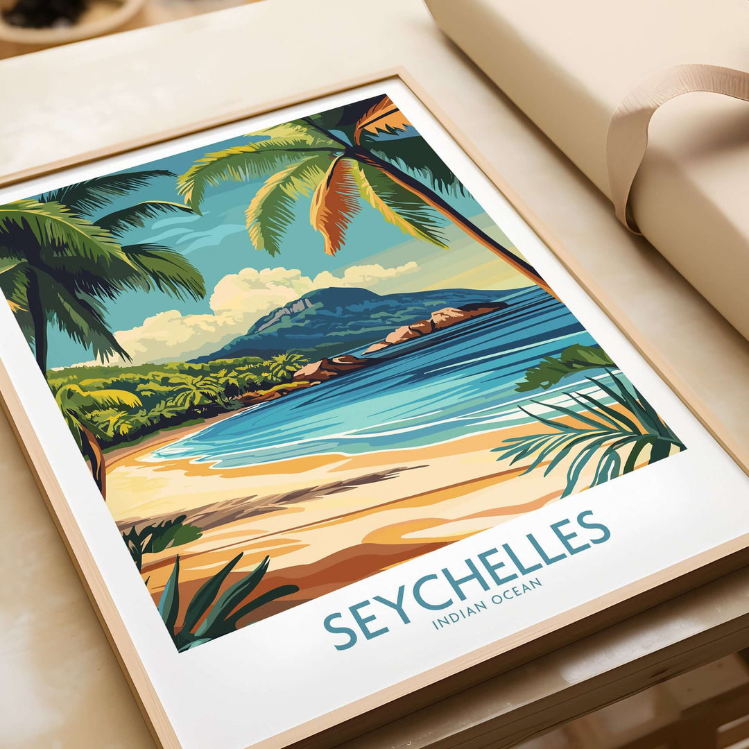 Vibrant Seychelles beach art print featuring tropical scenery and clear blue waters, perfect for coastal decor.