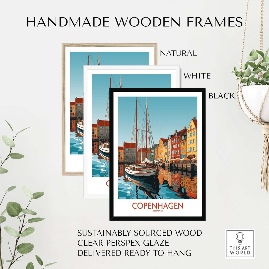 Handmade wooden frames in natural, white, and black for Copenhagen wall art, sustainably sourced and ready to hang.