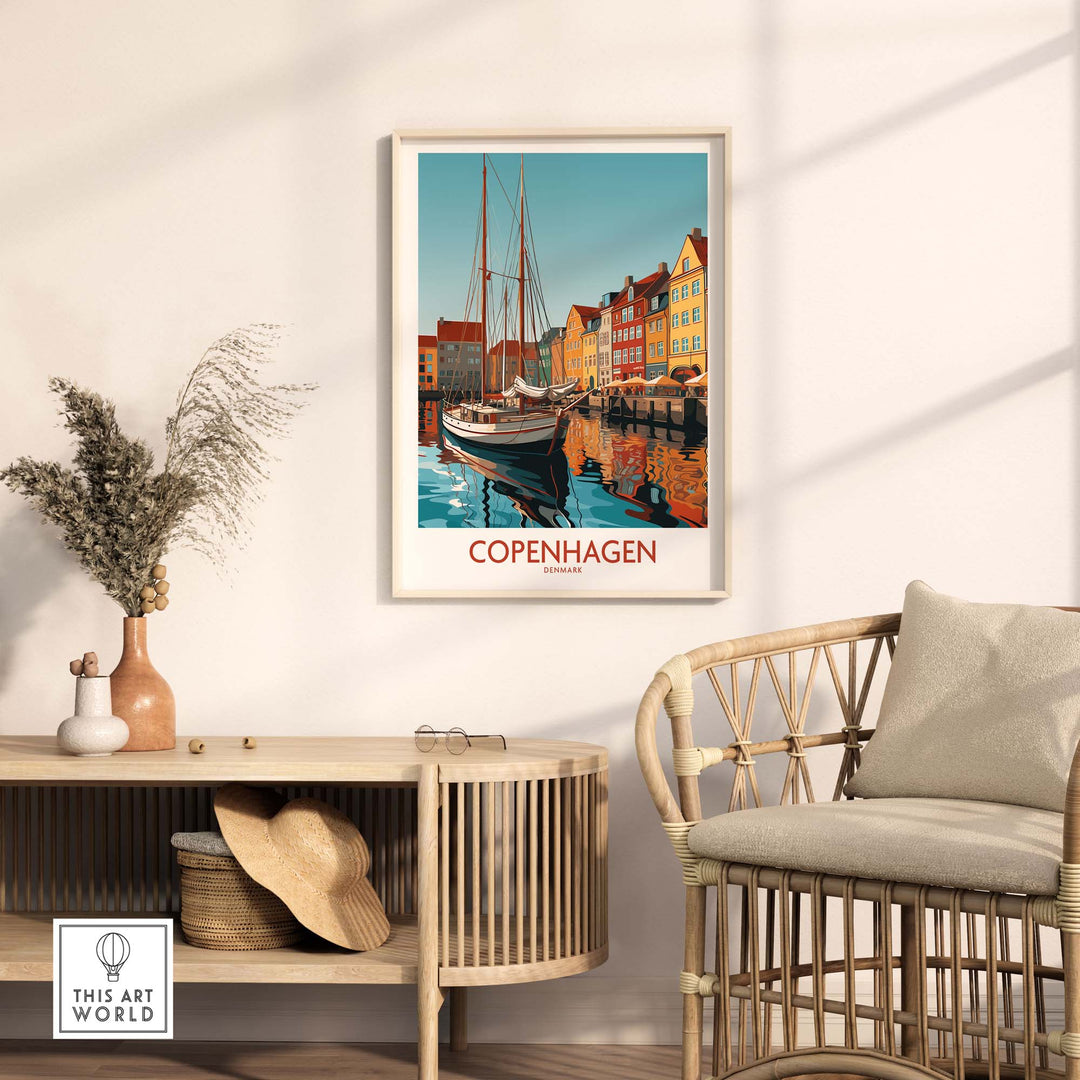 Copenhagen wall art print showcasing vibrant colors of the city, elegantly displayed in a modern living room setting.