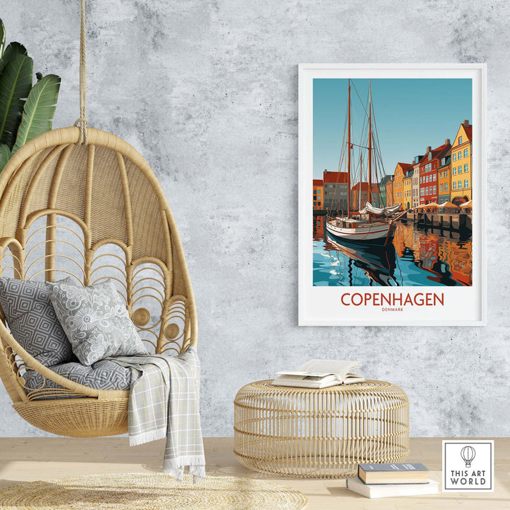 Copenhagen wall art print showcasing colorful buildings and a boat, perfect for modern home décor.