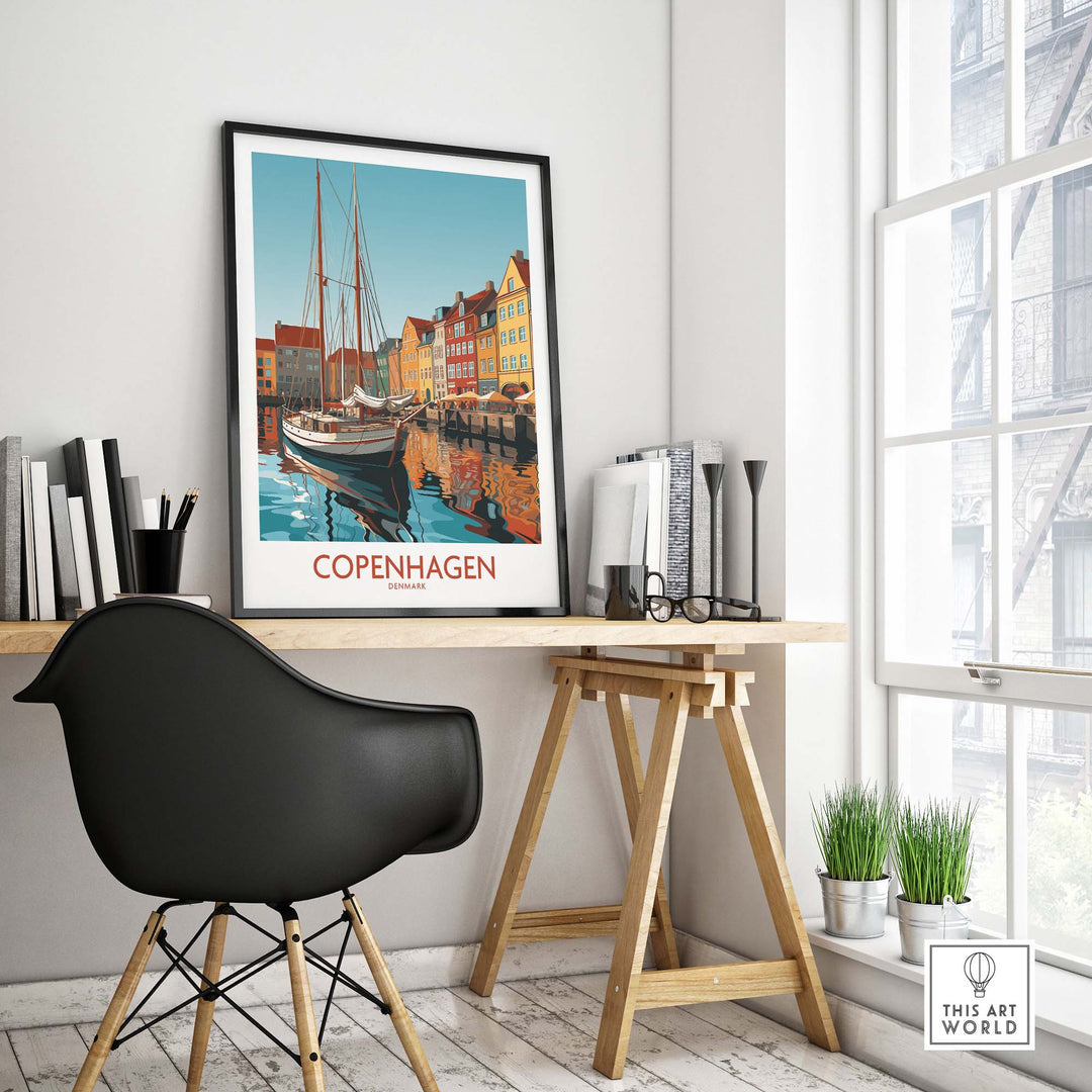Copenhagen wall art print featuring vibrant colors of the city, displayed in a modern home office setting.