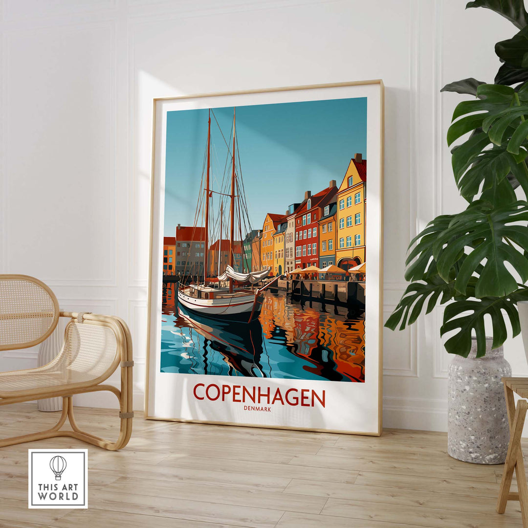 Copenhagen wall art featuring vibrant harbor scene and colorful buildings, perfect for modern home décor.