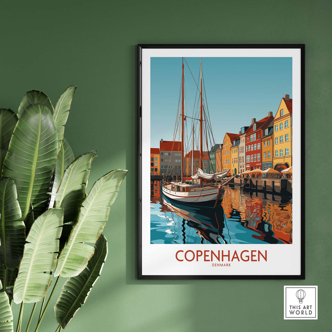 Copenhagen wall art print featuring colorful buildings and a boat, bringing a modern travel theme to home décor.