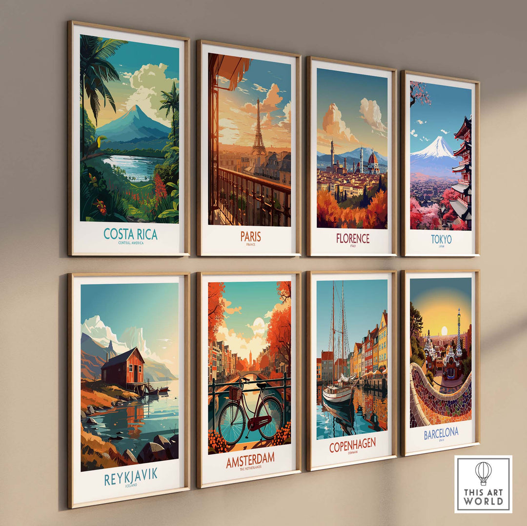 Costa Rica wall art print featuring Arenal Volcano among international cityscape prints in modern style.