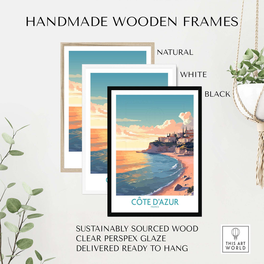 Handmade wooden frames in natural, white, and black for Côte d'Azur wall art, crafted from sustainably sourced wood.