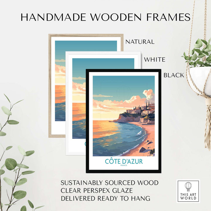 Handmade wooden frames in natural, white, and black for Côte d'Azur wall art, crafted from sustainably sourced wood.