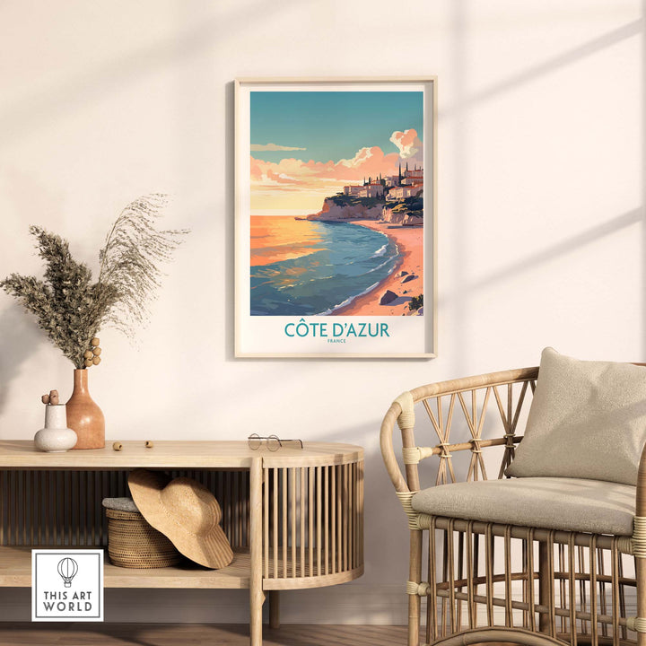 Côte d'Azur wall art print showcasing the stunning French coastline, displayed in a modern living room setting.