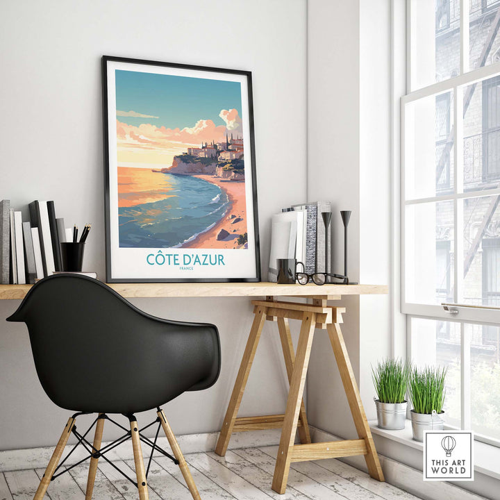 Côte d'Azur wall art print showcasing a vibrant French coast scene in a bright, modern home setting.
