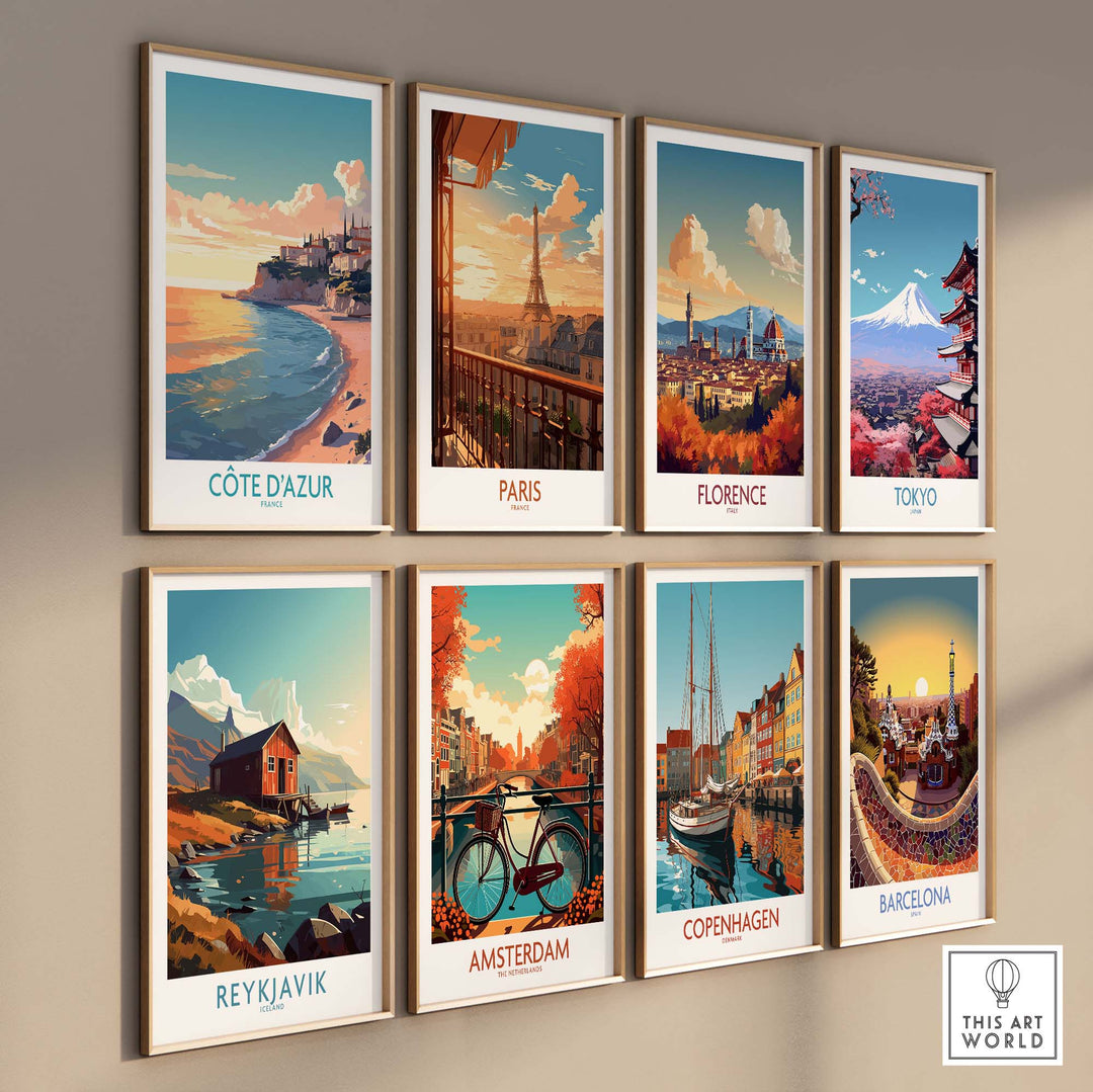 Côte d'Azur wall art collection featuring vibrant travel posters of Paris, Florence, Tokyo, Reykjavik, Amsterdam, Copenhagen, and Barcelona.