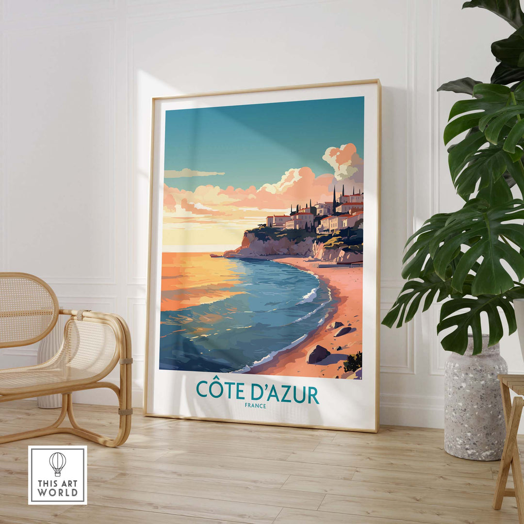 Vibrant Côte d'Azur wall art print showcasing the French coast in a modern style, perfect for travel enthusiasts.