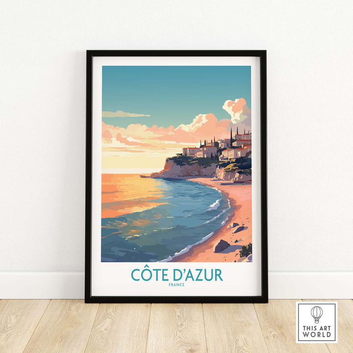 Côte d'Azur wall art print showcasing a vibrant coastal sunset scene, perfect for French travel enthusiasts.