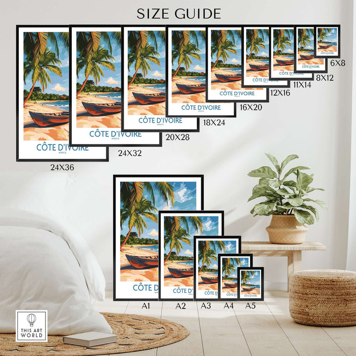Côte d'Ivoire travel print size guide with various frame sizes displayed in a stylish interior setting.