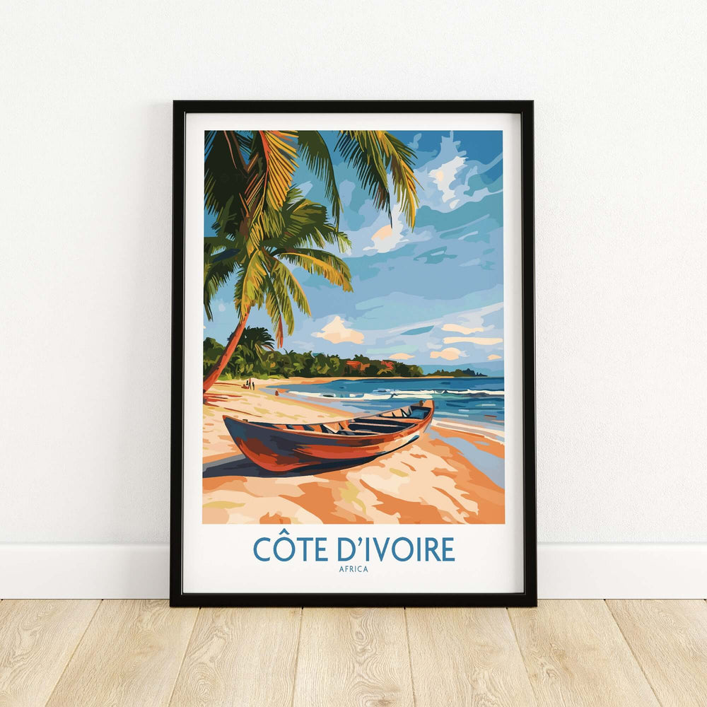 Côte d'Ivoire travel print featuring a serene beach scene with palm trees and a boat in a stylish frame.