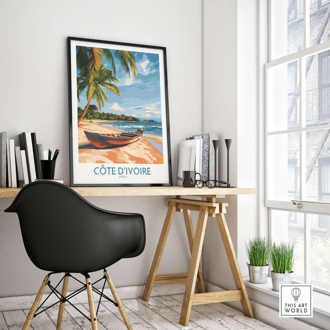 Côte d'Ivoire travel print showcasing a serene beach scene, perfect wall art for home or office inspiration.